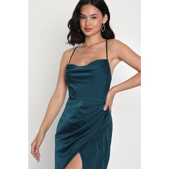 NWOT Lulus Moments of Beauty Dark Teal Satin Cowl Neck Tulip Maxi Dress Size L - Picture 2 of 7